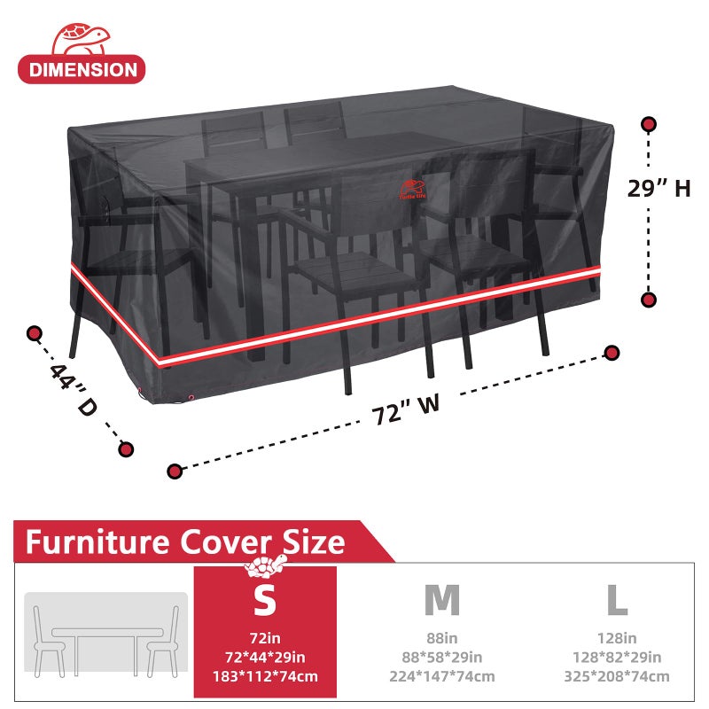 Turtle Life Patio Furniture Sets Cover, Heavy Duty Rectangular Durable Waterproof Outdoor UV Resistant Anti-Fading Dining Table Chairs Furniture Cover, Black, 72"L x 44"W x 29"H - Image 2
